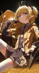 Rule 34 | 1girl, absurdres, ahoge, backlighting, black gloves, black necktie, black skirt, blonde hair, blue eyes, blunt bangs, blurry, blurry background, bright pupils, chinese commentary, closed mouth, coin, collared shirt, commentary request, cross hair ornament, demon girl, demon horns, demon tail, depth of field, eyelashes, frown, gloves, hair bobbles, hair intakes, hair ornament, half gloves, hand up, heart, heart ahoge, highres, horns, jacket, looking at viewer, medium hair, miniskirt, money, necktie, one side up, open clothes, open jacket, original, pleated skirt, pointy ears, re naya, shirt, sitting, skirt, solo, split mouth, stack of coins, tail, thick eyebrows, thighhighs, white pupils, white shirt, white thighhighs, yellow jacket