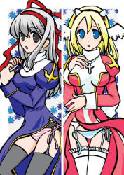 2girls black_garter_belt black_thighhighs blonde_hair blue_eyes blue_panties breasts commentary_request cone_horns cowboy_shot cross cross_necklace dress fake_horns feathered_wings garter_belt grey_eyes grey_hair hair_ribbon hairband head_wings high_priest_(ragnarok_online) horns jewelry juliet_sleeves long_hair long_sleeves looking_at_viewer medium_breasts medium_hair multiple_girls necklace open_mouth panties pantyshot pink_panties priest_(ragnarok_online) puffy_sleeves purple_dress ragnarok_online red_dress red_hairband red_ribbon ribbon sash side_slit striped_clothes striped_panties thighhighs two-tone_dress underwear white_dress white_garter_belt white_horns white_sash white_thighhighs white_wings wind wind_lift wings yazawa_kazuki