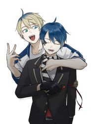 Rule 34 | 2boys, :d, ahoge, arm around shoulder, armband, belt, blazer, bleached hair, blonde hair, blue eyes, blue hair, breast pocket, closed eyes, clothes grab, collared shirt, commentary request, cowboy shot, delinquent, deuce spade, diagonal-striped clothes, diagonal-striped necktie, dual persona, facial mark, furrowed brow, gold trim, hair between eyes, highres, jacket, lapels, looking at another, male focus, multicolored hair, multiple boys, necktie, necktie grab, neckwear grab, night raven college uniform, notched lapels, open mouth, parted bangs, partially unbuttoned, pen, pocket, raised eyebrow, red armband, roots (hair), shirt, short hair, simple background, sleeves pushed up, smile, spade (shape), spade facial mark, striped clothes, sukajan, taunting, tongue, tongue out, twisted wonderland, twitter username, two-sided fabric, v, vest, waistcoat, white background, white shirt, youyouyouyou88