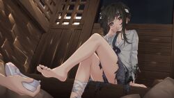1girl ass ass_focus bandaged_arm bandaged_leg bandages barefoot black_eyes black_hair blush feet foot_focus highres indoors leg_focus long_sleeves looking_at_viewer mansui_(the_hungry_lamb) pants shirt shoes shuangyaji sidelocks sitting skyneko soles solo_focus the_hungry_lamb:_traveling_in_the_late_ming_dynasty toenails toes yuntouxie