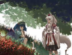 2girls animal animal_ears arm_pouch beads bird black_skirt blue_hair commentary_request day detached_sleeves duck flower forest green_hat green_shirt green_shorts hair_beads hair_ornament hair_ribbon hands_on_own_hips hat highres inubashiri_momiji kawashiro_nitori long_sidelocks looking_at_another multiple_girls nature oubachiago own_hands_together plant pleated_skirt pom_pom_(clothes) pouch procreate_(medium) red_eyes red_flower red_sash ribbon sash shade shirt short_twintails shorts sidelocks sitting skirt sunlight tail thigh_pouch tokin_hat touhou tree tree_shade turtleneck twintails white_hair wolf_ears wolf_girl wolf_tail