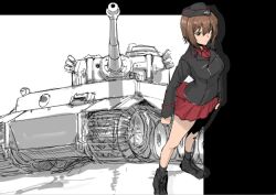 1girl arched_back breasts brown_eyes brown_hair clenched_hands cross dutch_angle full_body garrison_cap girls_und_panzer hair_between_eyes halcon hat iron_cross kuromorimine_military_uniform long_sleeves looking_at_viewer looking_up medium_breasts military military_uniform military_vehicle miniskirt motor_vehicle nishizumi_maho pleated_skirt red_shirt red_skirt shirt short_hair simple_background skirt solo standing tank tiger_i unfinished