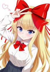 1girl beatmania_iidx bemani black_skirt blonde_hair blue_eyes bow bowtie breast_pocket breasts closed_mouth collared_shirt commentary_request hair_bow heart highres himmel_(beatmania_iidx) large_bow large_breasts long_hair long_sleeves looking_at_viewer pocket raimu_(clanberry000) red_bow red_bowtie school_uniform shirt shirt_tucked_in simple_background skirt smile solo v v_over_head white_background white_shirt
