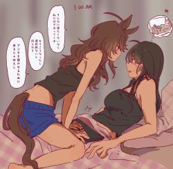 Rule 34 | 2girls, animal ears, bare arms, barefoot, black hair, black tank top, blue shorts, blush, brown hair, closed mouth, female trainer (umamusume), glasses, highres, horse ears, horse girl, horse tail, long hair, looking at another, multiple girls, nakayama festa (umamusume), roroko momo, shorts, speech bubble, straddling, sweat, tail, tank top, thought bubble, trainer (umamusume), translation request, umamusume, under covers, yuri