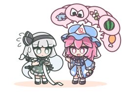 2girls black_hairband black_shoes blue_hat blue_kimono bright_pupils chibi chicken_(food) commentary dango english_commentary fish flying_sweatdrops food fruit full_body ghost green_eyes grey_hair hairband hat highres japanese_clothes kimono konpaku_youmu konpaku_youmu_(ghost) looking_at_another mob_cap multiple_girls multiple_swords onigiri pink_eyes pink_hair saigyouji_yuyuko shoes short_hair simple_background socks speech_bubble standing touhou wagashi watermelon white_background white_pupils white_socks yoriyori