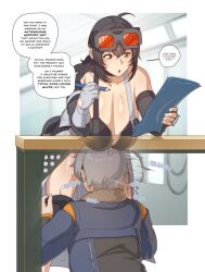1boy 1futa ahoge bent_over black_gloves black_hair black_sports_bra breasts cleavage english_text feet_out_of_frame fellatio fingerless_gloves futa_on_male futa_with_male futanari gloves goggles goggles_on_head grace_howard grey_gloves hanging_breasts highres holding holding_paper holding_pencil huge_breasts open_mouth oral orange_eyes paper partially_unzipped pencil penis speech_bubble sports_bra standing sulcate table under_table veins veiny_penis wise_(zenless_zone_zero) zenless_zone_zero zipper zipper_pull_tab