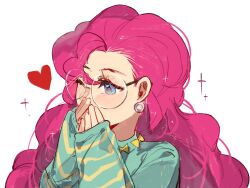 1girl bespectacled black-framed_eyewear blue_eyes bow chinese_commentary commentary_request covering_own_mouth curly_hair earrings glasses green_shirt hair_behind_ear hands_up heart highres jewelry long_hair long_sleeves looking_ahead my_little_pony my_little_pony:_equestria_girls my_little_pony:_friendship_is_magic one_eye_closed pink_hair pinkie_pie pinkie_pie_(equestria_girls) portrait round_eyewear shirt simple_background sleeves_past_wrists solo striped_clothes striped_shirt turtleneck turtleneck_shirt white_background wumingshi61160 yellow_bow
