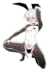 1boy androgynous animal_ears bishounen blush boots bridal_gauntlets choker english_text eyeliner fake_animal_ears frontless_outfit grimace high_school_boy highres hong_iltak korean_commentary makeup male_with_breasts meme_attire nipple_chain parkgee pasties pubic_tattoo puffy_chest rabbit_ears red_eyeliner reverse_bunnysuit reverse_outfit sanpaku squatting sweat tattoo tearing_up thigh_boots thong trap