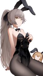 2girls :3 absurdres alternate_costume alternate_hairstyle animal_ears bare_shoulders black_bow black_bowtie black_leotard black_pantyhose black_wrist_cuffs blank_eyes bow bowtie brown_hair chibi closed_mouth commentary detached_collar fake_animal_ears girls&#039;_frontline girls&#039;_frontline_2:_exilium highres lavriell lenna_(girls&#039;_frontline_2) leotard leva_(girls&#039;_frontline_2) long_hair multiple_girls pantyhose playboy_bunny ponytail rabbit_ears scar scar_across_eye scar_on_face sitting twintails ump45_(girls&#039;_frontline) ump9_(girls&#039;_frontline) white_background wrist_cuffs yellow_eyes