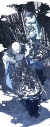 2boys absurdres aqua_capelet aqua_pants armor belt belt_buckle black_armor black_belt black_fur black_hair blue_cape boots breastplate buckle cape capelet closed_mouth different_reflection dimitri_alexandre_blaiddyd dimitri_alexandre_blaiddyd_(timeskip) double-parted_bangs eyepatch faulds felix_hugo_fraldarius felix_hugo_fraldarius_(timeskip) fire_emblem fire_emblem:_three_houses fur-trimmed_cape fur-trimmed_capelet fur-trimmed_hood fur_trim garreg_mach_monastery_uniform gauntlets hair_between_eyes hand_on_weapon highres holding holding_polearm holding_weapon holstered hood hood_down hooded_capelet leather_armor long_sleeves lynnn28208524 male_focus multiple_boys nintendo one_eye_covered pants pauldrons polearm ponytail reflection reflective_water ripples school_uniform short_ponytail shoulder_armor single_pauldron standing sword tassel weapon white_fur
