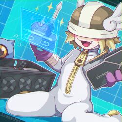 1other blonde_hair bodysuit covered_eyes dclaret digimon digimon_(creature) fang graphics_card helmet helmet_over_eyes highres holding holding_screwdriver kneeling kuramon luxmon screwdriver short_hair solo_focus white_bodysuit winged_helmet