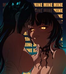 2girls absurdres breasts closed_eyes english_text glowing glowing_eyes grabbing_another&#039;s_arm highres hololive hololive_english large_breasts lips long_hair looking_at_viewer medium_breasts multicolored_hair multiple_girls nerissa_ravencroft nude shiori_novella smile spriggantweet text_background virtual_youtuber yuri