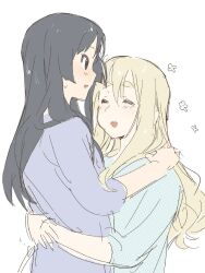 :o akiyama_mio arms_behind_back black_hair blonde_hair blush closed_mouth happy highres holding k-on! kotobuki_tsumugi long_hair non-web_source open_mouth shaofangziran shirt simple_background sketch sweat t-shirt white_background yuri