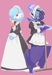 2girls alternate_color apron arm_blade blue_hair blue_skin ceruledge colored_skin creatures_(company) fire game_freak gardevoir gen_3_pokemon hair_over_one_eye highres maid maid_apron maid_headdress mizuki_(sjsj_10) multicolored_skin multiple_girls nintendo orange_eyes pink_background pokemon pokemon_(creature) purple_eyes shiny_pokemon simple_background smile sword two-tone_skin watermark weapon white_skin