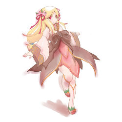 1girl blonde_hair boots bow brown_bow brown_skirt closed_mouth commentary_request flower full_body hair_flower hair_ornament hair_ribbon hanbok korean_clothes lautrec_v long_hair long_sleeves looking_at_viewer pelvic_curtain pink_flower pink_shirt ragnarok_online red_eyes red_ribbon ribbon shirt simple_background skirt smile solo soul_linker_(ragnarok_online) standing standing_on_one_leg white_background white_boots