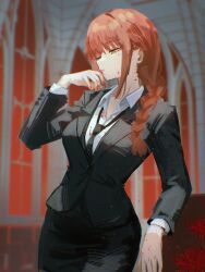 1girl black_jacket black_necktie black_skirt blood blood_on_clothes blood_on_hands braid chainsaw_man collared_shirt danraz0r flower formal_clothes highres indoors jacket long_hair makima_(chainsaw_man) necktie office_lady pencil_skirt red_hair shirt single_braid skirt solo spider_lily suit suit_jacket white_shirt window yellow_eyes