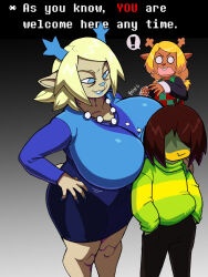 ! 1boy 2girls antlers artist_request blonde_hair blue_eyes breasts carol_holiday curvy deer_girl deltarune female_focus hand_on_own_hip highres horns huge_breasts kris_(deltarune) mature_female multiple_girls nail_polish noelle_holiday short_hair spoken_exclamation_mark