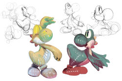 closed_eyes crossed_legs dancing dated_commentary dinosaur green_eyes highres leaning_forward looking_at_another mario_(series) nintendo no_humans open_mouth red_shoes shoes simple_background sketch smile white_background white_shoes winpuss yoshi