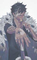 1boy arm_tattoo black_hair black_shirt chest_tattoo closed_mouth dated hand_tattoo highres holding ksuke_(k-taro31) looking_at_viewer male_focus one_piece shirt short_hair sideburns simple_background solo tattoo trafalgar_law upper_body white_background