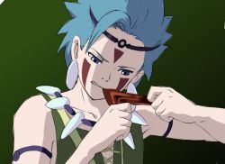 1boy bad_id bad_pixiv_id bare_shoulders blue_eyes blue_hair camus_(dq11) circlet collarbone cosplay dragon_quest dragon_quest_xi earrings eating food green_background green_shirt hands_up holding jewelry male_focus meat mondi_hl mononoke_hime necklace parted_lips san_(cosplay) san_(mononoke_hime) shirt solo tattoo upper_body