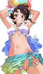 1girl absurdres armpits arms_up ball beachball bikini black_hair blue_eyes blush bracelet breasts crescent crescent_earrings dated earrings from_below grin hair_ornament highres holding holding_ball hololive holonatsu_paradise jewelry looking_at_viewer medium_breasts navel necklace o-ring o-ring_bikini oozora_subaru oozora_subaru_(holonatsu_paradise) ripod shell short_hair signature simple_background smile solo star_(symbol) star_hair_ornament stomach swimsuit virtual_youtuber white_background white_bikini