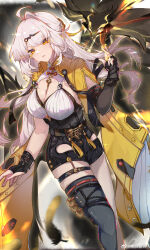 1girl absurdres ahoge asymmetrical_gloves black_shorts black_thighhighs black_unitard black_wings breasts elbow_gloves fingerless_gloves gloves hair_ornament high-waist_shorts highres holding_ofuda jacket long_hair mole mole_on_breast mole_on_chest shorts single_elbow_glove single_hair_intake single_thighhigh thighhighs uneven_gloves watermark white_hair wings yellow_eyes yellow_jacket yi_xuan_(zenless_zone_zero) yin_yang_pin zenless_zone_zero zhui_ming_jin_ge