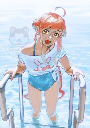 1girl absurdres ahoge animal_print aqua_one-piece_swimsuit casual_one-piece_swimsuit double_bun feet_out_of_frame glasses hair_bun highres holding kantai_collection long_hair looking_at_viewer makigumo_(kancolle) makigumo_(swimsuit)_(kancolle) ojipon one-piece_swimsuit open_mouth pink_hair pool_ladder rabbit_print shirt smile solo swimsuit swimsuit_under_clothes tied_shirt twintails wading water watermark yellow_eyes