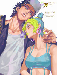 1girl absurdres blue_eyes bun_with_braided_base commentary copyright_name double_bun earrings english_commentary father_and_daughter green_lips hair_bun hat highres jewelry jojo_no_kimyou_na_bouken kuujou_jolyne kuujou_joutarou mixed-language_commentary multicolored_hair stone_ocean stud_earrings two-tone_hair veela