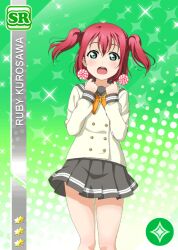 1girl anime_coloring blush bow bowtie buttons candy card_(medium) diamond_(shape) double-breasted feet_out_of_frame food green_background green_eyes grey_sailor_collar grey_skirt hands_up holding holding_candy holding_food holding_lollipop kurosawa_ruby lollipop long_sleeves looking_at_viewer love_live! love_live!_school_idol_festival love_live!_sunshine!! miniskirt official_art open_mouth pigeon-toed pleated_skirt raised_eyebrows red_hair sailor_collar school_uniform serafuku shirt skirt solo standing star_(symbol) swirl_lollipop teeth two_side_up upper_teeth_only uranohoshi_school_uniform white_shirt winter_uniform yellow_bow yellow_bowtie