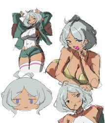 1girl absurdres alternate_breast_size aqua_eyes arm_support ass asticassia_school_uniform bikini blackleo2090 blue_eyes breasts candy chibi cowboy_shot curvy dark-skinned_female dark_skin eyelashes food full_body gold_bikini grin gundam gundam_suisei_no_majo highleg highleg_leotard highres jacket large_breasts legs_together leotard lollipop lollipop_in_mouth looking_at_viewer multiple_views nail_polish narrow_waist naughty_face open_clothes secelia_dote shiny_skin short_hair sketch smile smug solo swimsuit thick_thighs thighhighs thighs thong_leotard white_background white_hair white_thighhighs wide_hips