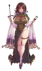 Rule 34 | 1girl, alternate costume, black dress, black hair, black leotard, braid, breasts, cleavage, closed mouth, colored inner hair, commentary request, dress, full body, green dress, green shrug, groin, hair between eyes, hair ornament, highres, holding, large breasts, legs, leotard, leotard under clothes, long braid, long hair, long legs, looking at viewer, multicolored hair, nijisanji, orange eyes, platform shoes, purple hair, purple shoes, ribbed shrug, see-through cleavage, see-through clothes, shawl, shirayuki tomoe, shoes, short sleeves, simple background, single bare leg, single braid, skindentation, smile, solo, standing, straight-on, thigh strap, two-tone dress, two-tone hair, virtual youtuber, wakura (gcdan), white background, white shawl