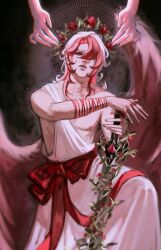 1boy angel_wings cookie_run cookie_run:_kingdom cupid disembodied_hand halo highres holding holding_sword holding_weapon male_focus multicolored_hair pavlova_cookie red_eyes red_hair robe solo sword toseyoki two-tone_hair weapon white_hair white_robe wings