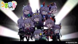 Rule 34 | 6+girls, adapted costume, ahoge, animal ears, aqua bow, aqua bowtie, artist request, biwa hayahide (umamusume), blue eyes, blue hairband, blue tank top, blunt bangs, bow, bowtie, breasts, brown hat, chibi, chibi only, chrono genesis (umamusume), commentary request, company name, copyright logo, copyright name, curren chan (umamusume), cygames, dark, detached sleeves, ear bow, ear covers, ear ornament, gold ship (umamusume), grey eyes, grey hair, greyscale, hair between eyes, hair ornament, hairband, hand on own face, hands on own face, hat, headgear, hishi miracle (umamusume), horse ears, horse girl, horse tail, lightning bolt print, long hair, looking at viewer, mejiro mcqueen (umamusume), monochrome, multiple girls, neckerchief, oguri cap (umamusume), pillbox hat, purple bow, purple eyes, seiun sky (umamusume), semi-rimless eyewear, short hair, sidelocks, stage, stage lights, striped clothes, striped hairband, tail, tamamo cross (umamusume), tank top, trait connection, translation request, umamusume, umayuru, white hair, yellow eyes, yellow hairband
