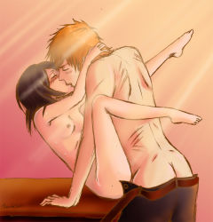 Rule 34 | 1boy, 1girl, ass, back, belt, black hair, bleach, blush, breasts, butt crack, closed eyes, french kiss, hetero, holding, injury, kiss, kuchiki rukia, kurosaki ichigo, legs up, nipples, nude, orange hair, pants, scratches, sex, topless male, short hair, small breasts, standing, sunset, tongue, yuria-chu