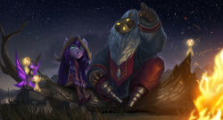 1girl :o animal_ears baggy_clothes bard_(league_of_legends) beard blank_eyes campfire colored_skin dress facial_hair fairy fairy_wings fallen_tree glowing glowing_eyes grass hat headcrabed highres league_of_legends log long_hair long_sleeves lulu_(league_of_legends) mask open_mouth pix_(league_of_legends) pointing pointy_ears purple_hair purple_skin sky spirit star_(sky) stargazing starry_sky white_hair wings witch_hat yellow_eyes yordle