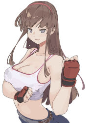 belt blue_pants breasts brown_hair cleavage clenched_hands dead_or_alive gloves grey_eyes hairband hand_on_own_chest highres hitomi_(doa) large_breasts long_hair looking_at_viewer ooiwa_(irc14786149) pants red_gloves smile tank_top