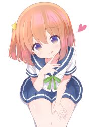 Rule 34 | 1girl, blue sailor collar, blue skirt, cartelet cocoa, clothes lift, collarbone, feet out of frame, female focus, hair between eyes, hair ornament, heart, koisuru asteroid, konohata mira, legs, looking at viewer, multicolored eyes, orange hair, sailor collar, school uniform, serafuku, shirt, short hair, short sleeves, simple background, sitting, skirt, skirt lift, solo, star (symbol), star hair ornament, tongue, tongue out, white background, white shirt