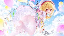 1girl alternate_costume ass barefoot blonde_hair blue_sky blush cloud commission crystal crystal_wings day dress fang feet flandre_scarlet from_behind from_below hat highres laevatein_(touhou) looking_at_viewer looking_back no_shoes open_mouth panties panties_under_pantyhose pantyhose puffy_sleeves red_eyes sky smile soles solo suaynnai_wanzi thighs touhou underwear white_pantyhose wings