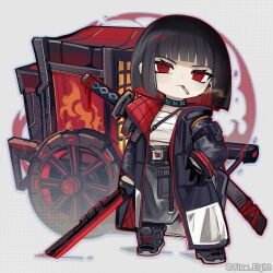 1girl arknights black_hair black_pants bob_cut cartwheel closed_mouth fire flaw_eight full_body infection_monitor_(arknights) limbus_company looking_at_viewer ootachi pants project_moon red_eyes ryoshu_(project_moon) short_hair simple_background smoke smoking solo techwear wheel white_background