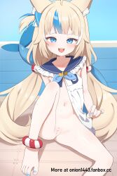 1girl animal_ear_fluff animal_ears bar_censor barefoot blonde_hair blue_eyes blue_hair blue_nails blue_sailor_collar cat_ears censored dress fins fish_girl fish_tail frilled_sailor_collar frills hair_ornament highres indie_virtual_youtuber knee_up lifebuoy_hair_ornament loli long_hair looking_at_viewer low_twintails multicolored_hair nail_polish navel no_panties one_side_up onion_(tamanegi) open_fress open_mouth pussy sailor_collar sailor_dress sameko_saba shark_tail sitting sleeveless sleeveless_dress solo streaked_hair tail teeth toenail_polish toenails twintails upper_teeth_only very_long_hair virtual_youtuber white_dress white_hair