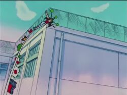 1990s_(style) 1boy 1girl acrobatics angry animated anime_screenshot ass bishoujo_senshi_sailor_moon bishoujo_senshi_sailor_moon_supers blue_sleeves breasts casual city clenched_hands clenched_teeth competition crossed_arms day denim embarrassed epic evening flexible from_behind green_hair jacket jumping junjun_(sailor_moon) letterman_jacket long_hair looking_at_another medium_breasts outdoors pants retro_artstyle running ryona short_hair smug sound sportswear spread_legs surprised tagme teaching teeth toei_animation video walking