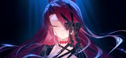 1girl blue_background choker closed_eyes crying fate/grand_order fate_(series) floating_hair game_cg hair_between_eyes hair_ornament hotosoka large_variant_set long_hair official_art one_eye_covered portrait red_hair ribbon solo third-party_source typhon_ephemeros_(fate) typhon_ephemeros_(second_ascension)_(fate) variant_set