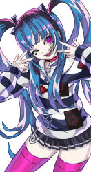 1girl amemiya_darumi black_bow black_hair black_shirt black_skirt blue_hair blue_stripes bow bowtie collar ear_piercing earrings eyelashes face_piercing female_focus fingernails hair_bow hands_up heart highres jewelry lip_piercing long_hair long_sleeves looking_at_viewer makeup one_eye_closed piercing pink_eyes pink_thighhighs pleated_skirt red_bow safety_pin shirt simple_background skirt solo solo_focus striped_clothes striped_shirt striped_skirt teeth the_hundred_line_-last_defense_academy- thighhighs tongue twintails white_background white_shirt white_skirt white_stripes