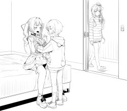 1boy 2girls age_difference agemmata ahoge aoi_moi bed breasts choker grabbing_another&#039;s_breast greyscale groping hair_ornament hairclip highres himemiya_rie holding hood hood_down hoodie indie_virtual_youtuber kaminari_clara long_hair long_sleeves monochrome multiple_girls onee-shota open_mouth phase_connect pleated_skirt shorts side_ponytail sitting skirt smile socks standing striped_clothes twintails virtual_youtuber walk-in