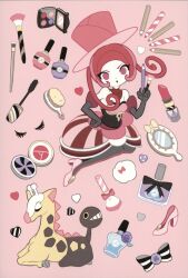 1girl :o absurdres bare_shoulders battle_chatelaine black_gloves black_pantyhose bottle bow chamooi closed_eyes colored_skin commentary compact_(cosmetics) cosmetics dana_(pokemon) dress elbow_gloves english_commentary full_body gen_2_pokemon girafarig gloves hair_brush hand_on_own_hip hat heart high_heels highres holding holding_brush holding_makeup_brush holding_pencil makeup_brush makeup_palette multicolored_hair nail_polish_bottle nintendo official_art open_mouth pantyhose pencil perfume_bottle pink_background pink_dress pink_hair pink_hat pink_shoes pokemon pokemon_(creature) pokemon_xy red_hair shoes short_hair_with_long_locks simple_background striped_bow third-party_source top_hat two-tone_background two-tone_hair unworn_bow v-shaped_eyebrows white_skin