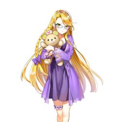 1girl blonde_hair braid breasts dress glasses hairband holding holding_stuffed_toy large_breasts long_hair masyu_yuyu purple_dress purple_hairband single_braid stuffed_toy torte_zief uchi_no_hime-sama_ga_ichiban_kawaii yellow_eyes
