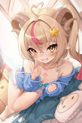 1girl absurdres ahoge animal_ears barefoot blonde_hair blue_bow blue_jacket bow bow_camisole breasts camisole full_body grin hair_ornament heart heart_ahoge highres horns indie_virtual_youtuber indoors jacket jliaan long_sleeves looking_at_viewer mole mole_under_eye multicolored_hair off_shoulder parted_lips pink_hair sheep_ears sheep_girl sheep_horns small_breasts smile solo star_(symbol) star_hair_ornament streaked_hair teeth virtual_youtuber white_camisole yellow_eyes