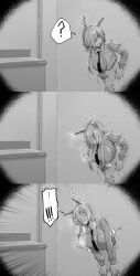! !! 1girl ? animal_ear_fluff animal_ears blue_archive breasts clenched_teeth closed_eyes greyscale halo highres hxd kanna_(blue_archive) large_breasts long_hair long_sleeves monochrome necktie sharp_teeth shirt solo spoken_question_mark teeth through_wall