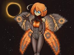Rule 34 | 1girl, animal ears, blue eyes, eclipse, female focus, mothron (terraria), orange hair, stars, terraria, thighhighs