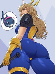 1girl angry armor ass blonde_hair blue_eyes collar earrings fins fish_tail gloves heart highres holding holding_weapon jeff_(marvel) jewelry long_hair looking_back magik_(retro_x-uniform)_(x-men) magik_(x-men) marvel marvel_rivals official_alternate_costume shark shark_fin shark_tail shoulder_armor simple_background skullworms superhero_costume sword_earrings tail weapon x-men yellow_gloves